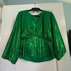 New York & Company Green Sequin Peplum Blouse